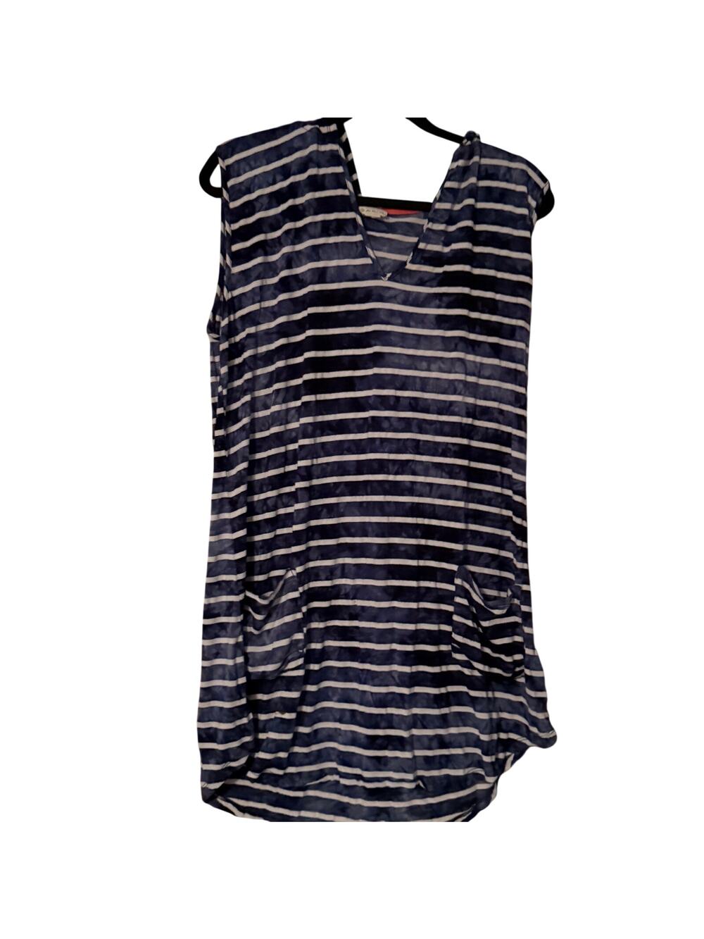Akiak XL Blue White Striped Sleeveless Tunic Top Cowl Back Pockets Casual
